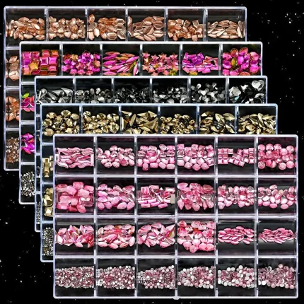 24Grid Mix Pink Champagne Crystal Nail Rhinestones Flatback Diamond Gems 3D Glass Charms For DIY Nail Art Decorations 241125