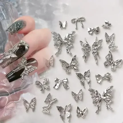 1Bag 3D Silver Gold Bowknot Shaped Nail Charms Metal Alloy Heart Nail Art Rhinestones Manicure Jewelry For DIY Nail Accessories