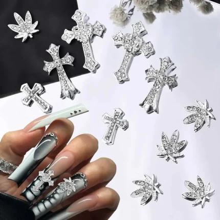 10 Luxury Silver Cross Nail Art Charm Jewelry Retro Alloy Rhinestone Flash 3D Nail Art DIY Punk Ergonomic Accessories W240829